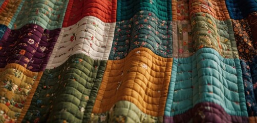  a close up of a multicolored quilt that has been made to look like it has been made into a wall hanging or bed spread across the entire wall. - obrazy, fototapety, plakaty