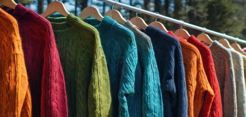  a row of colorful sweaters hanging on a clothes line in front of a pine tree in the background, with a row of colorful sweaters hanging in the foreground.