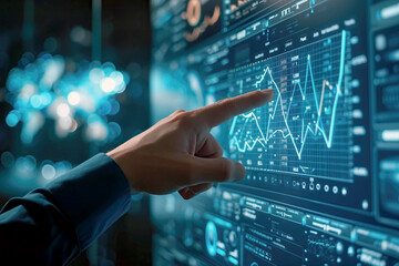 Person Pointing at Screen With Graphs, Business Performance Analysis and Presentation