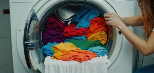  a woman is sitting in front of a washing machine with colorful towels on the front of the machine and a stack of folded towels in front of the front of the washer.