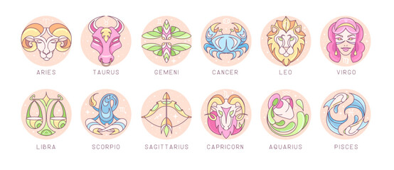 Set of modern cartoon astrology zodiac signs isolated on white background. Set of Zodiac icons. Vector illustration