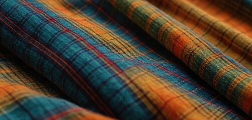  a close up of a plaid fabric with a red, yellow, blue, and green stripe on the bottom of the checkered fabric, with a red and orange stripe on the bottom of the top of the fabric.