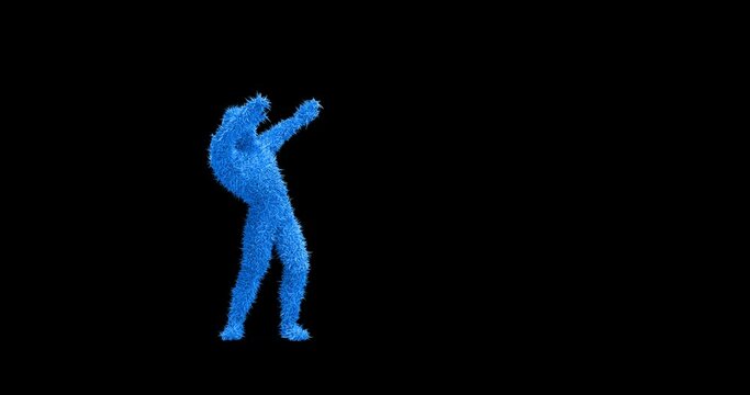 Blue 3D Hairy Fur Character Dancing Slowly On Empty Stage. Loopable With Luma Channel. Dance And Entertainment Related 3D Abstract Animation.