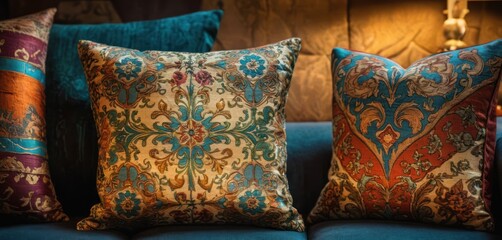  a group of colorful pillows sitting on top of a blue couch next to a lamp on top of a wooden headboard with a lamp on top of the side of the couch.