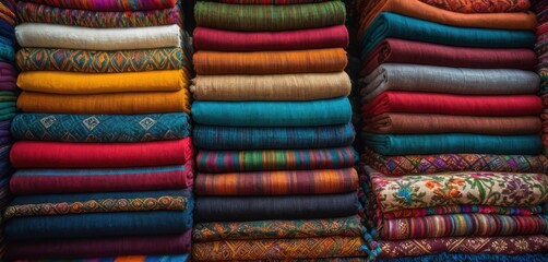  a bunch of colorful fabrics are stacked on top of each other in a large display case on the floor of a store in front of a large number of them.