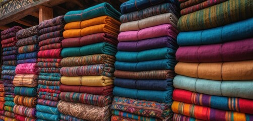  a large display of colorful fabrics for sale in a street vendor's market in the city of cuscocho, mexico, on the border of mexico and the united states of the united states of central america.