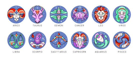 Set of modern cartoon astrology zodiac signs isolated on white background. Set of Zodiac icons. Vector illustration