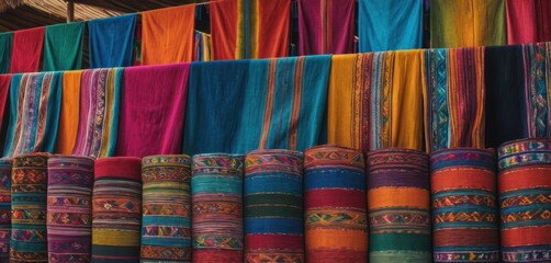  a number of different colored fabrics hanging on a wall in a store or store front area with a wooden structure in the middle of the wall and a row of multicolored fabric.