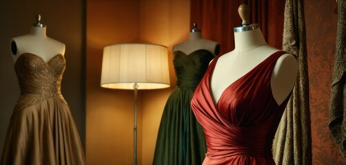  three dresses on mannequins in a room with a lamp on the side of the room and a lamp on the other side of the room in front of the room.