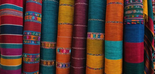  a close up of a bunch of colorful cloths hanging on a wall with a cat sitting on top of one of the rows in front of the rows of them.
