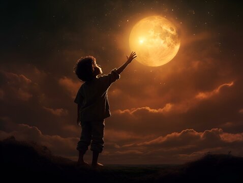 a kid is reaching into the night sky with his hands up