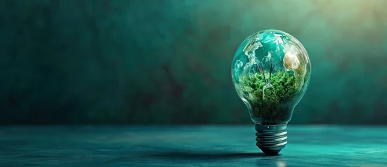 Foto op Plexiglas Light bulb with green world map on natural backgound represents renewable energy.Green energy,energy saving concept. AI generated illustration © moon