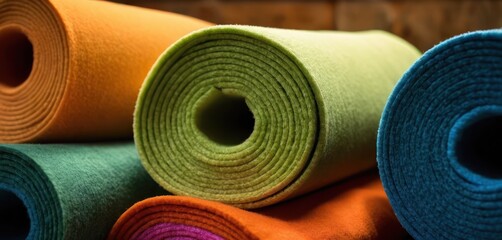  a pile of rolled up yoga mats sitting on top of each other on top of a wooden floor in front of a wall of other colored yoga mats and non - made yoga mats.