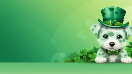 copy space, vector illustration, St Patricks Day Funny Puppy Green, Background Design Images. Beautiful mockup for Saint Patrick’s day. Design for greeting card, invitation, poster.