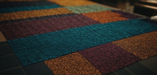  a close up of a multicolored quilt on a table with a remote control in the corner of the room in front of the quilt on the table is a table.