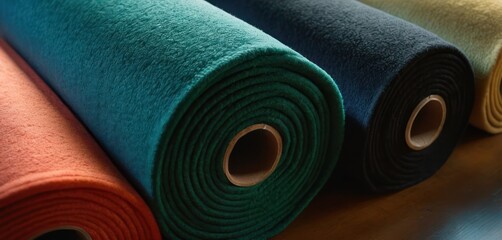  a close up of a row of different colored rolls of fabric on a wooden surface with one rolled up and the other rolled up in a row of different colors. - 712613187