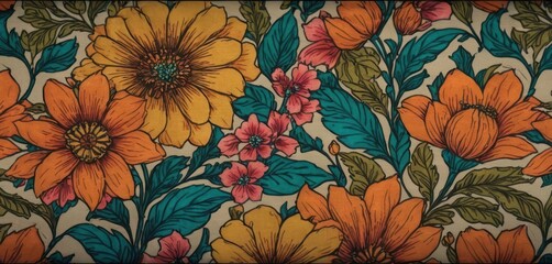  a close up of a floral wallpaper with orange and pink flowers on a white background with green leaves and flowers on the bottom half of the wall and bottom half of the wall.