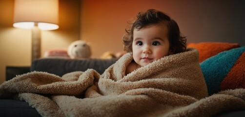  a little girl wrapped up in a blanket on a couch with a teddy bear on the side of the couch and a lamp on the other side of the couch. - obrazy, fototapety, plakaty