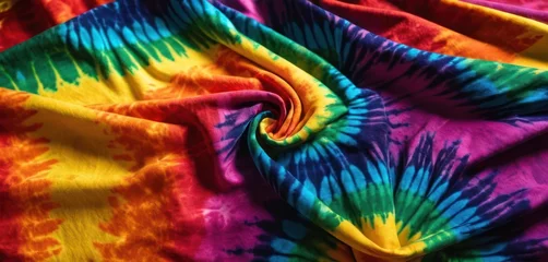 Voilages Mélange de couleurs  a multicolored tie - dyed fabric is seen in this close up view of a fabric made of multicolored tie - dyed fabric with a spiral pattern.