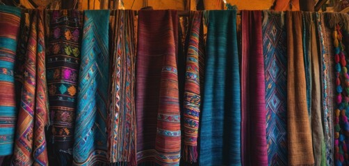  a bunch of different colored fabrics hanging on a rack in a room with a yellow ceiling and a yellow ceiling light in the middle of the room, and a row of multi - colored fabrics.