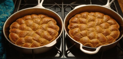  a couple of pans filled with food on top of a stove top burners with one of the pans covered in croissants and the other half of the same.