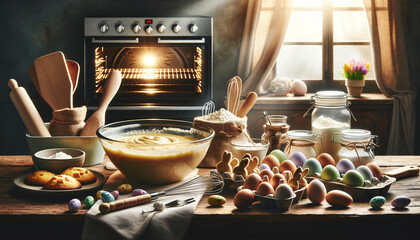 Cuisine avec œufs en chocolat, lapin en chocolat, peint et coloré pour les fêtes de paques image idéale pour illustrer et célébrer paques	