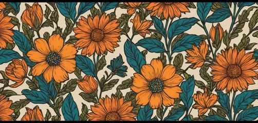 Fotobehang  a pattern of orange and blue flowers with green leaves on a white background with blue and green leaves on the bottom of the image and bottom half of the image. © Jevjenijs