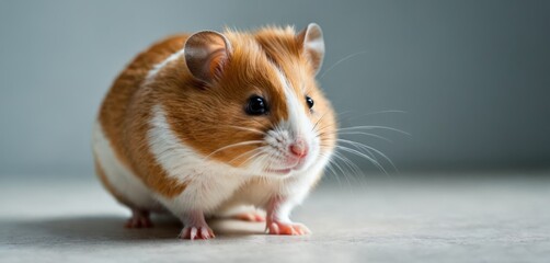  a close up of a brown and white hamster on a white floor with a gray wall in the background and a light gray wall behind the hamster is looking at the camera.