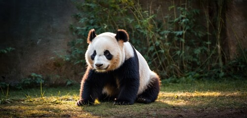  a black and white panda bear sitting on the ground in a grassy area with trees in the back ground and grass in front of it, and bushes in the background.