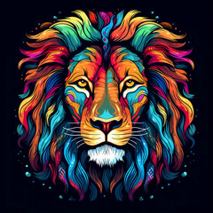 Lion head multicolor drawing, t-shirt design vector illustration 