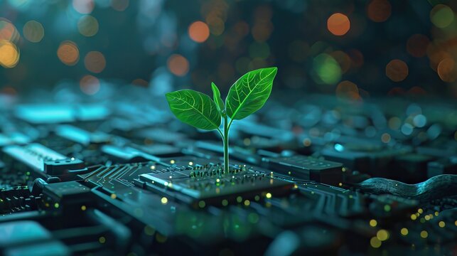 Tree growing on the converging point of computer circuit board. Green computing, technology, IT, CSR, and IT ethics. Concept of green technology. AI generated illustration