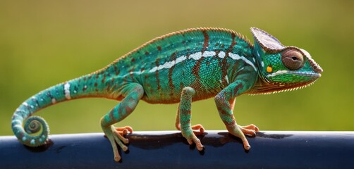  a close up of a green and white chamelon on a metal rail with grass in the back ground and a blurry background of a blurry background.