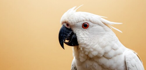  a close up of a white parrot with a black beak and a red - eyed bird on it's head, against a yellow background, with a black - and - and - and - white backdrop.