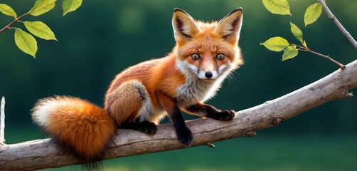  a red fox sitting on top of a tree branch next to a green leafy tree branch in front of a blurry background of a green leafy forest.