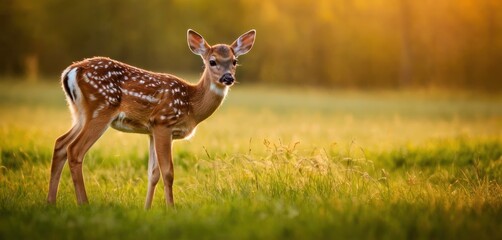  a young deer standing in a field of tall grass with the sun shining on it's back and behind it's head, it's head, looking at the camera.
