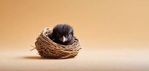  a small bird sitting in a nest on top of a brown table next to a brown wall and a brown wall behind the nest is a baby bird in it's head.