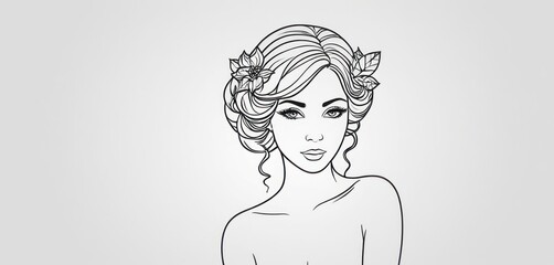  a black and white drawing of a woman's face with a flower in her hair and a flower in her hair, on a light background of a white wall.