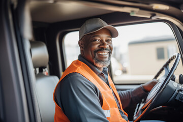 Obraz premium Portrait of american truck driver man sitting in vehicle cabin