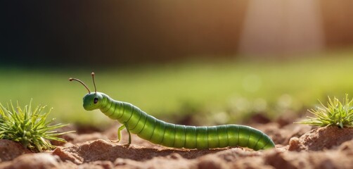  a green caterpillar sitting on top of a patch of dirt next to a small green plant on top of a dirt ground with grass growing sprouts.