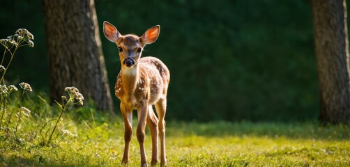  a young deer standing in the middle of a field of grass next to a forest filled with tall grass and tall, thin, thin trees, with little white flowers in the foreground.