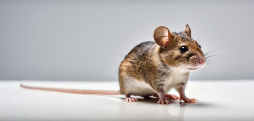  a brown and white mouse sitting on top of a white table next to a gray wall and a gray wall behind the mouse is a small brown rat with one's head.