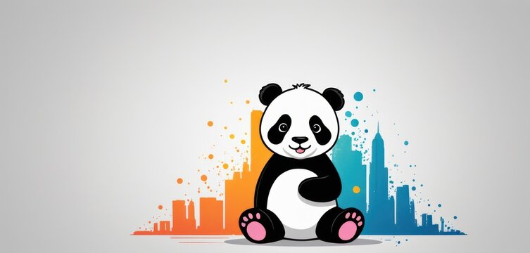  a black and white panda bear sitting in front of a cityscape with splots of paint on it's walls and a rainbow - hued background.