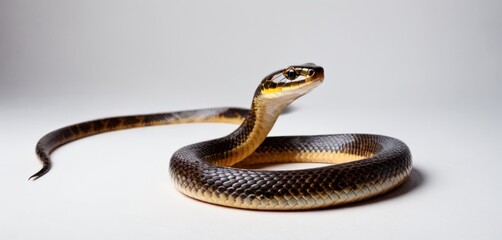  a close up of a snake on a white background with a black stripe on the end of the snake's head and a yellow stripe on the end of the end of the snake's head.