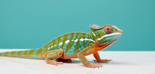  a close up of a green and orange lizard on a white surface with a blue back ground and a light blue back ground behind it and a light blue back wall.