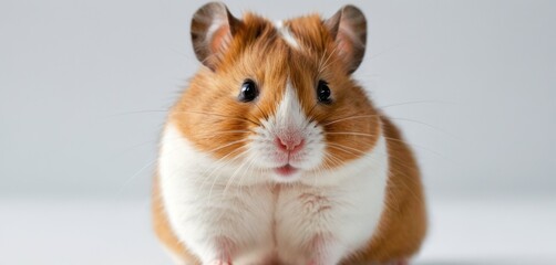  a close up of a brown and white hamster on a white background looking at the camera with a surprised look on its face, with one eye wide open.