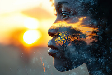 Double exposure of an African woman's face blending into the savannah landscape at sunset. Earth Day and problems of the African continent.