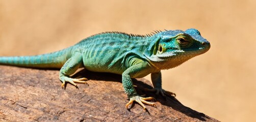  a close up of a lizard on a tree branch with a tan wall in the background and a brown wall in the foreground with a lizard on the right side of the photo. - obrazy, fototapety, plakaty