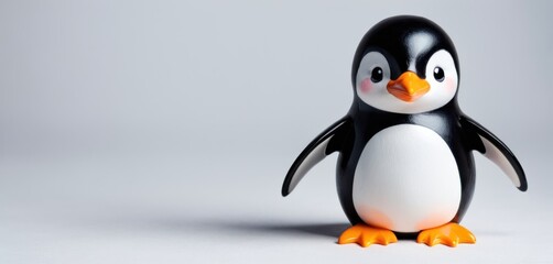  a black and white penguin with an orange beak on a white background with a shadow of the penguin on the left side of the image and a gray background with.