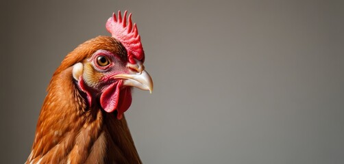  a close - up of a rooster's head with a gray back ground and a gray back ground with a gray back ground and a red and white rooster's head. - obrazy, fototapety, plakaty