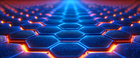 Fototapeta premium surface covered in hexagonal tiles with a neon blue glow at the edges and a bright center leading into the distance